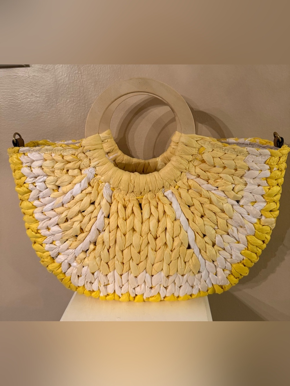 Yellow Braided Half-Moon Lemon Tote Bag with Wooden Handles EUC